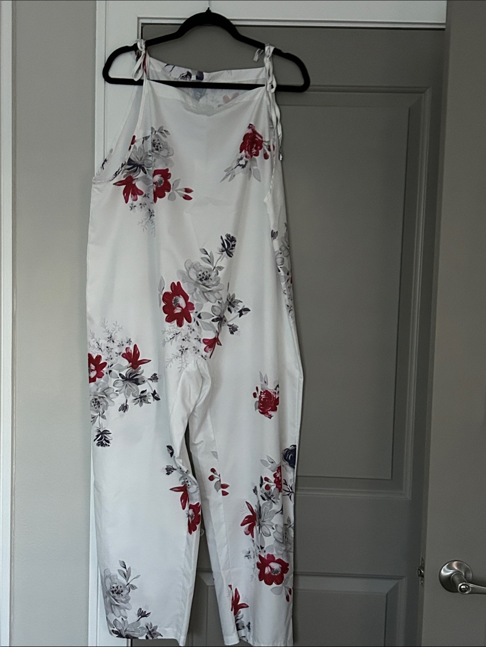 White Floral Jumpsuit with Red & Gray Blooms